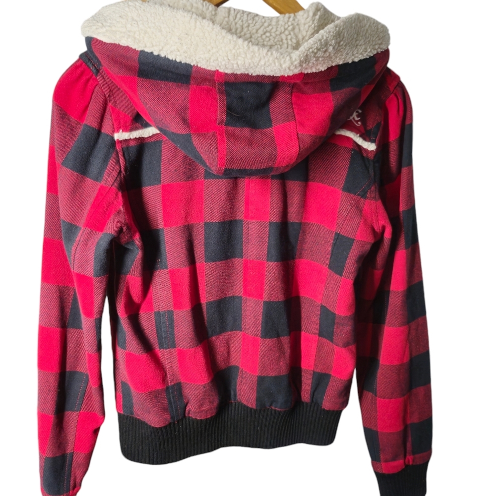 FOX Racing Girls Size Small Red and Black Plaid Faux Sheerling Jacket. - Picture 3 of 10